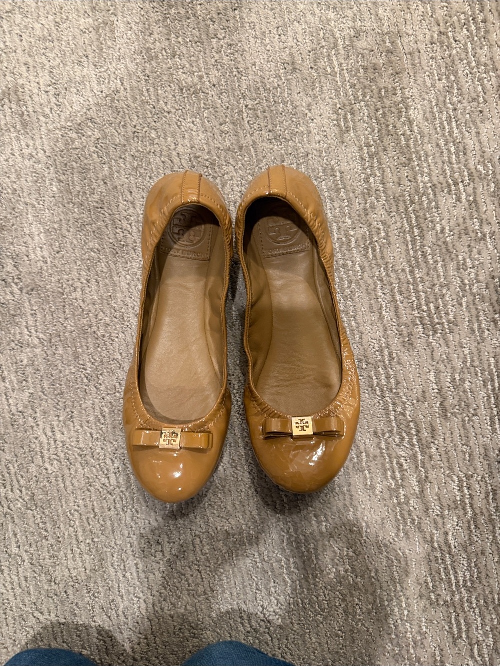 Tory Burch Cognac Patent Leather Logo Bow Flats